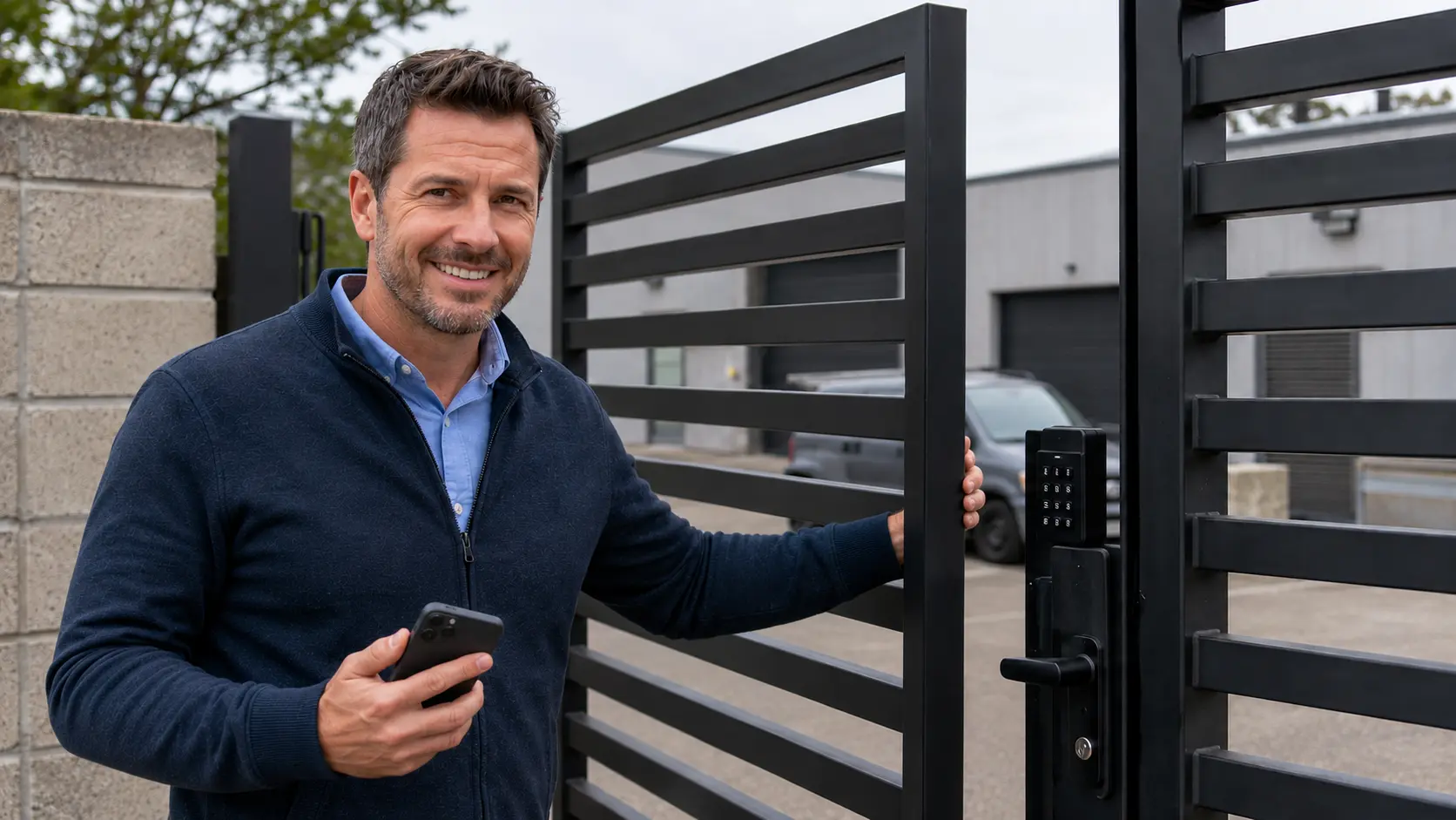 The same illustrative business property owner smiling with relief beside the now-open security gate