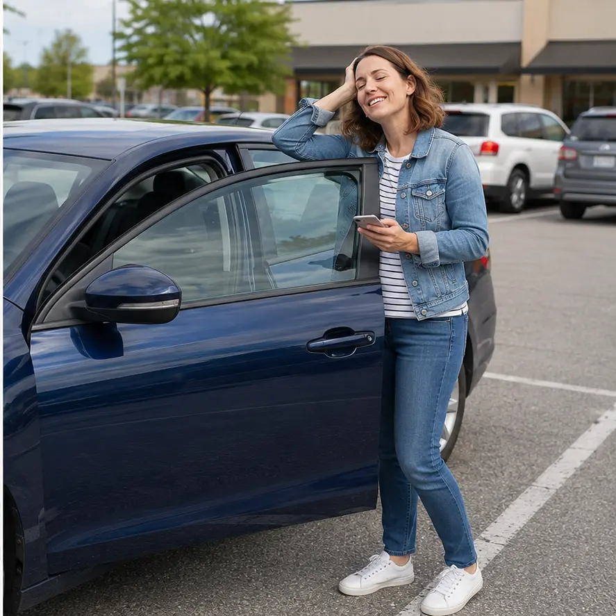 The same illustrative customer smiling with joy beside the now-open sedan
