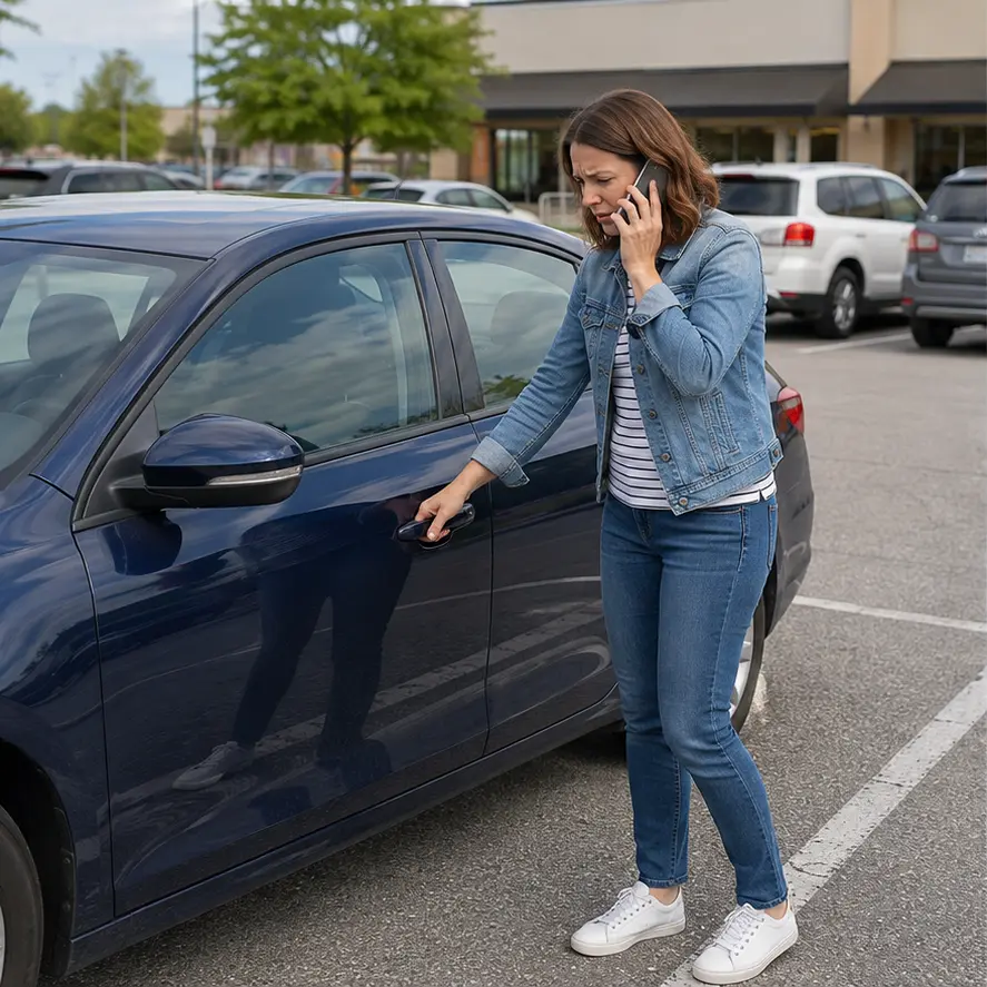 Illustrative customer distressed and calling for help while unable to open her dark blue sedan