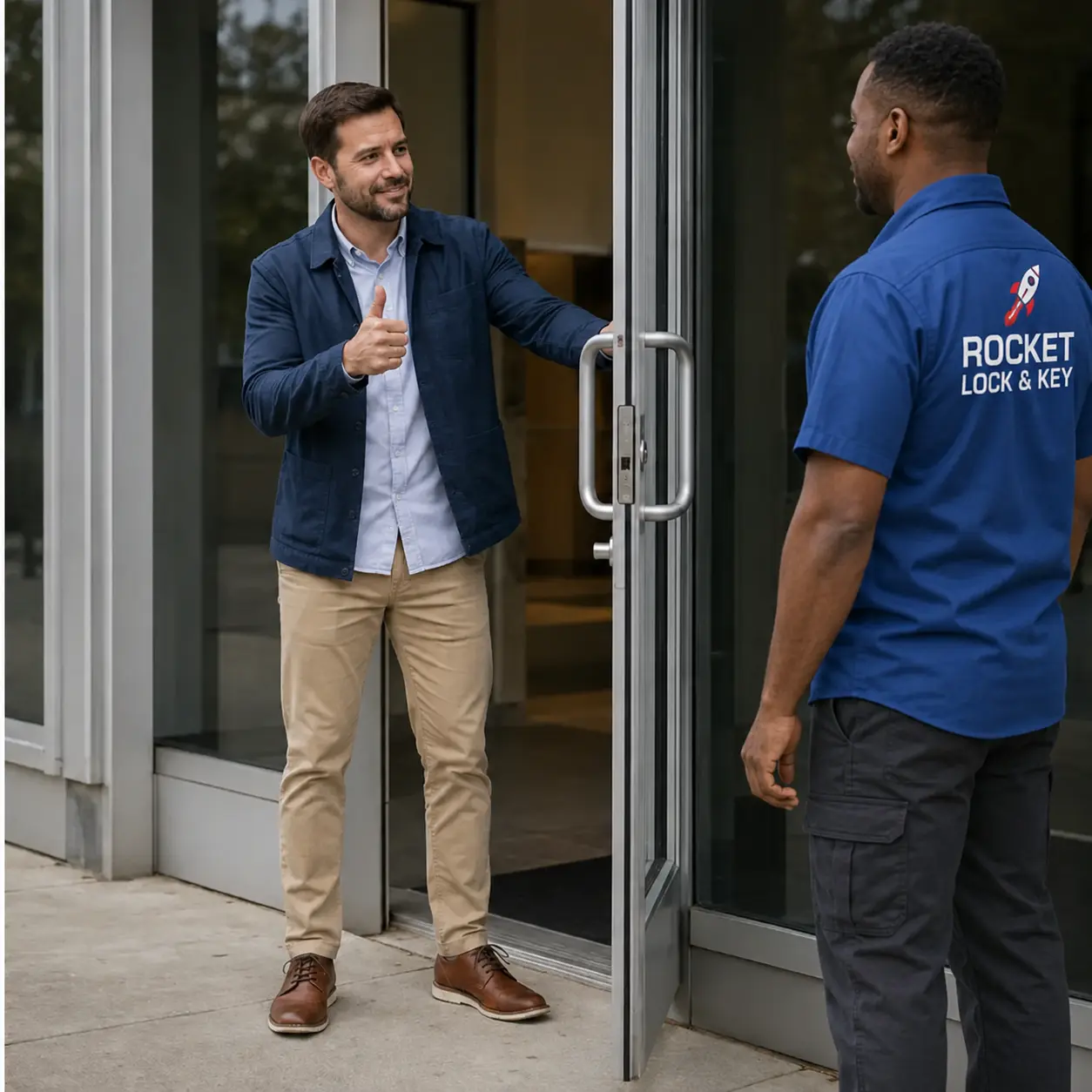 Business owner greeting a Black Rocket Lock & Key technician in a blue branded work shirt beside an open storefront door